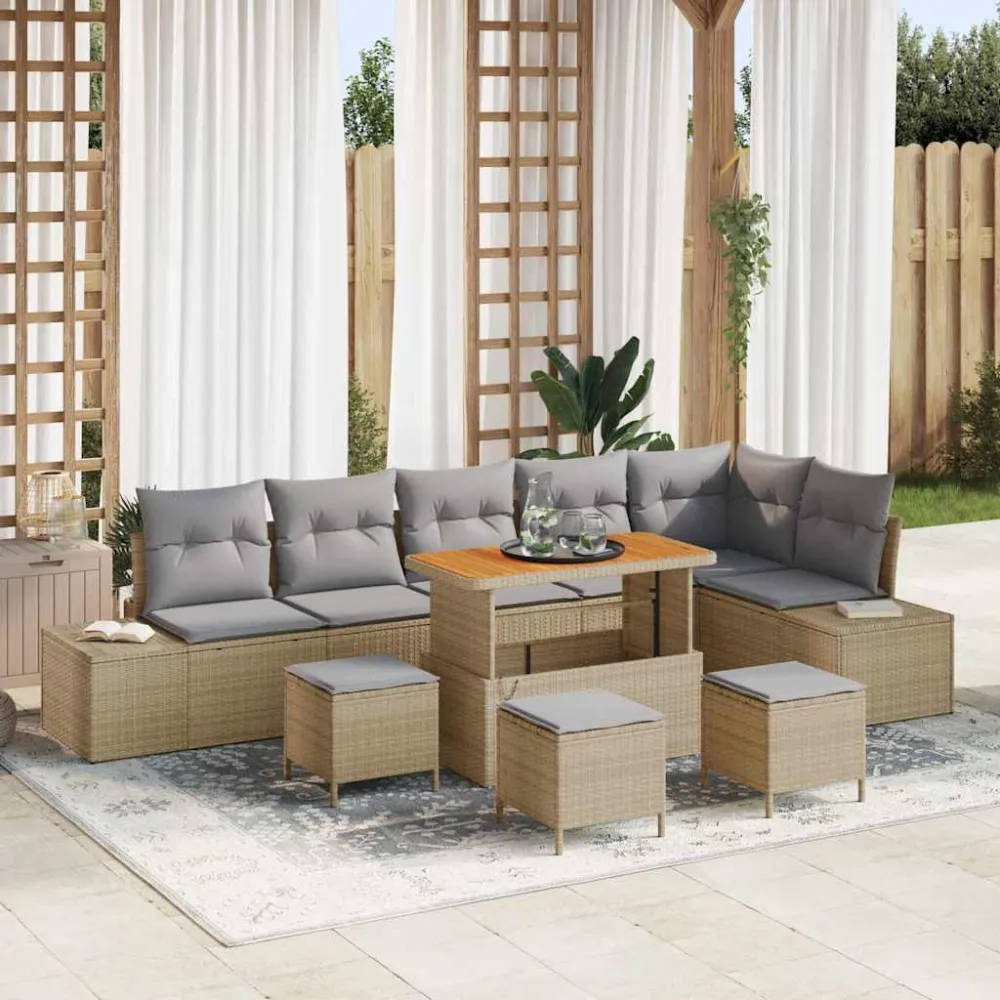 Tuinbankenset met kussen 10 pcs Beige poly rattan vidaXL