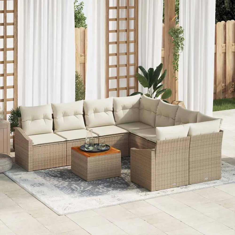 Tuinbankenset met kussen 9 pcs Beige poly rattan vidaXL