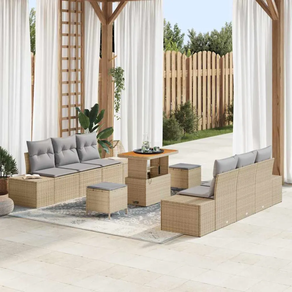 Tuinbankenset met kussen 9 pcs Beige poly rattan vidaXL
