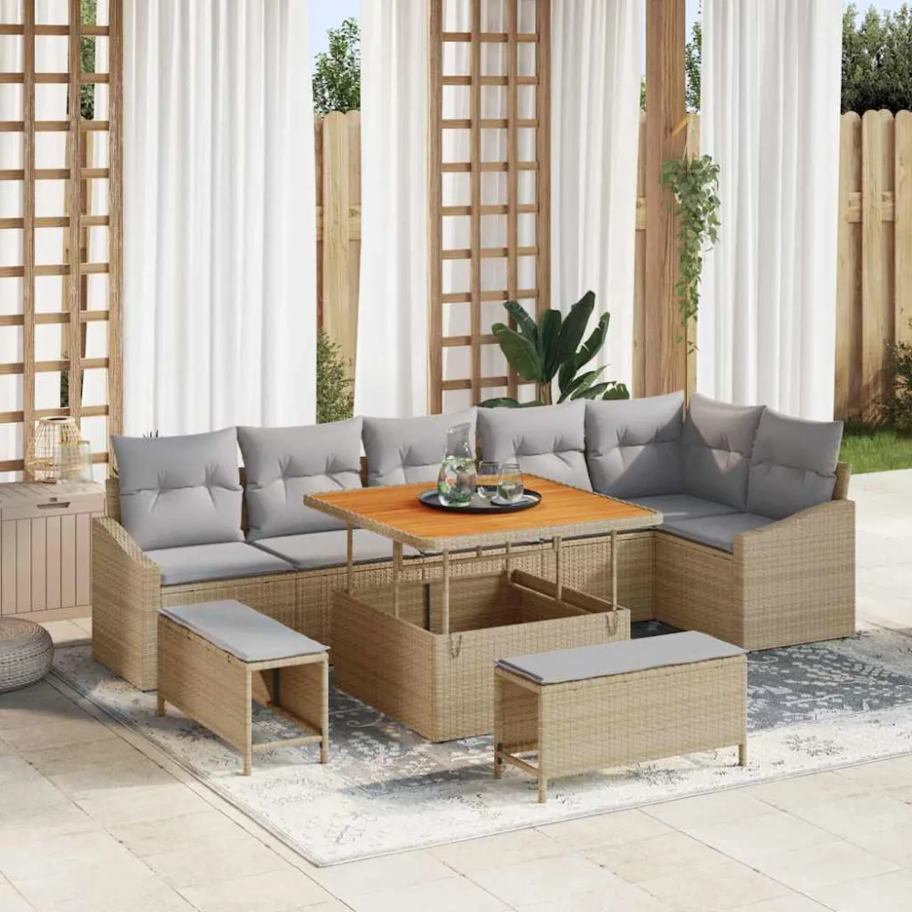Tuinbankenset met kussen 9 pcs Beige poly rattan vidaXL