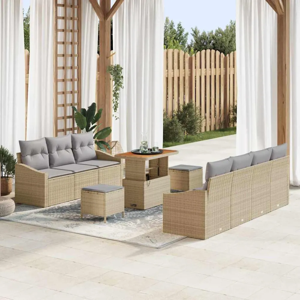 Tuinbankenset met kussen 10 pcs Beige poly rattan vidaXL