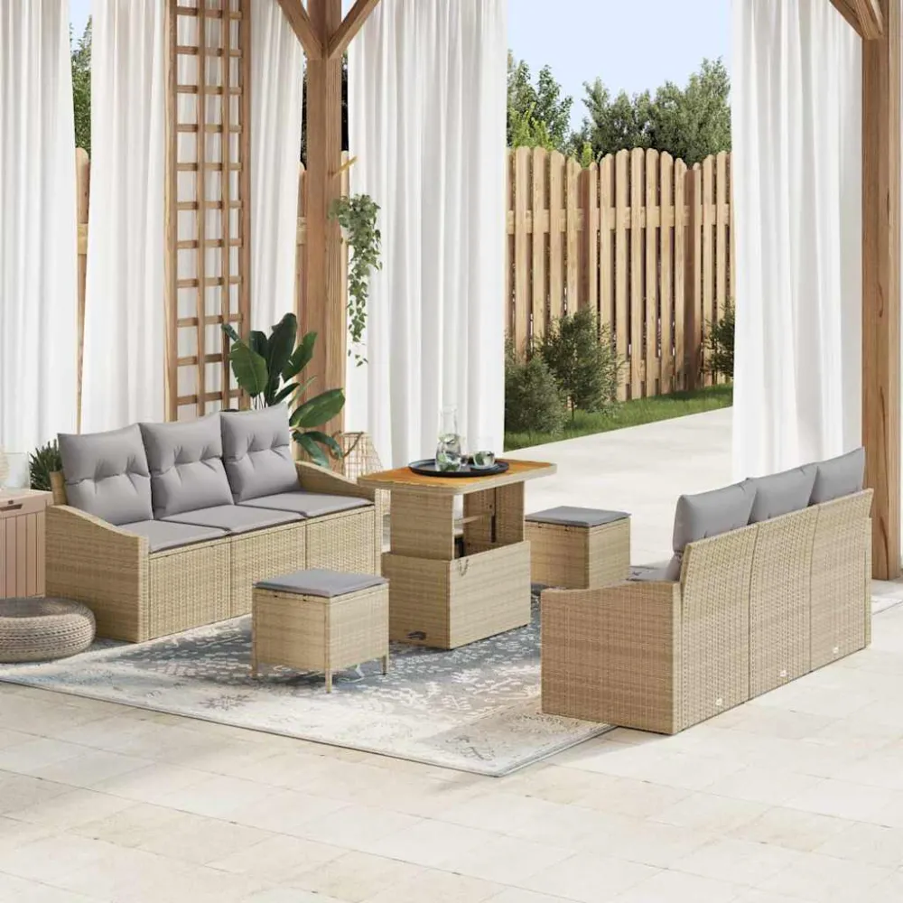 Tuinbankenset met kussen 9 pcs Beige poly rattan vidaXL