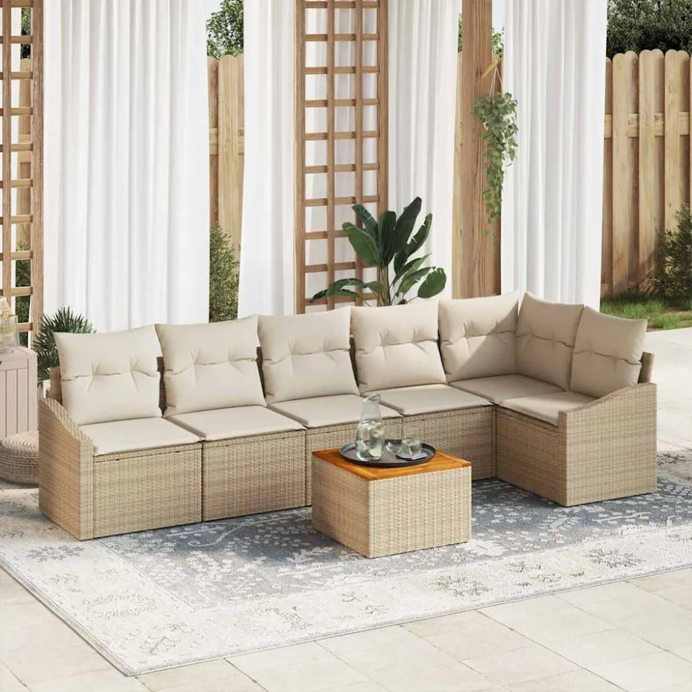 Tuinbankenset met kussen 7 pcs Beige poly rattan vidaXL