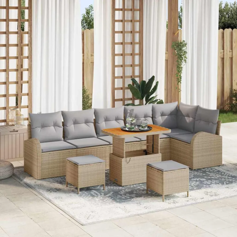 Tuinbankenset met kussen 9 pcs Beige poly rattan vidaXL