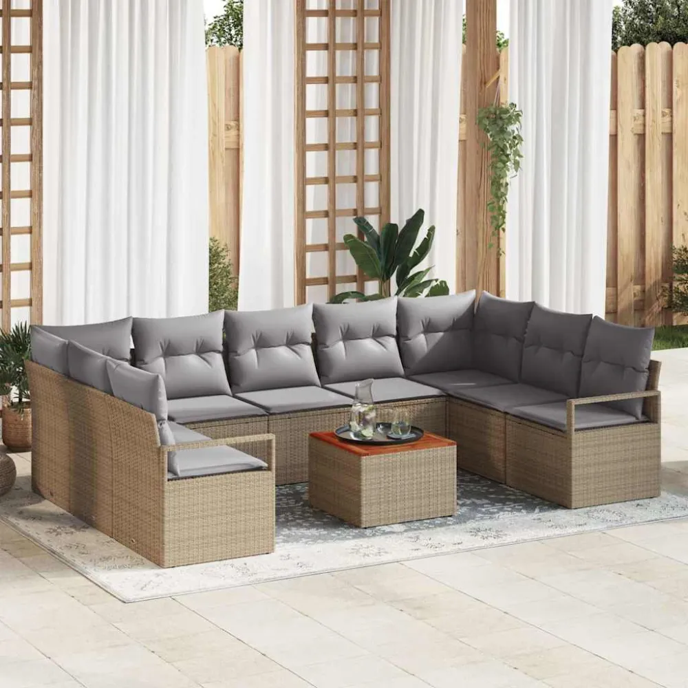 Tuinbankenset met kussen 10 pcs Beige poly rattan vidaXL