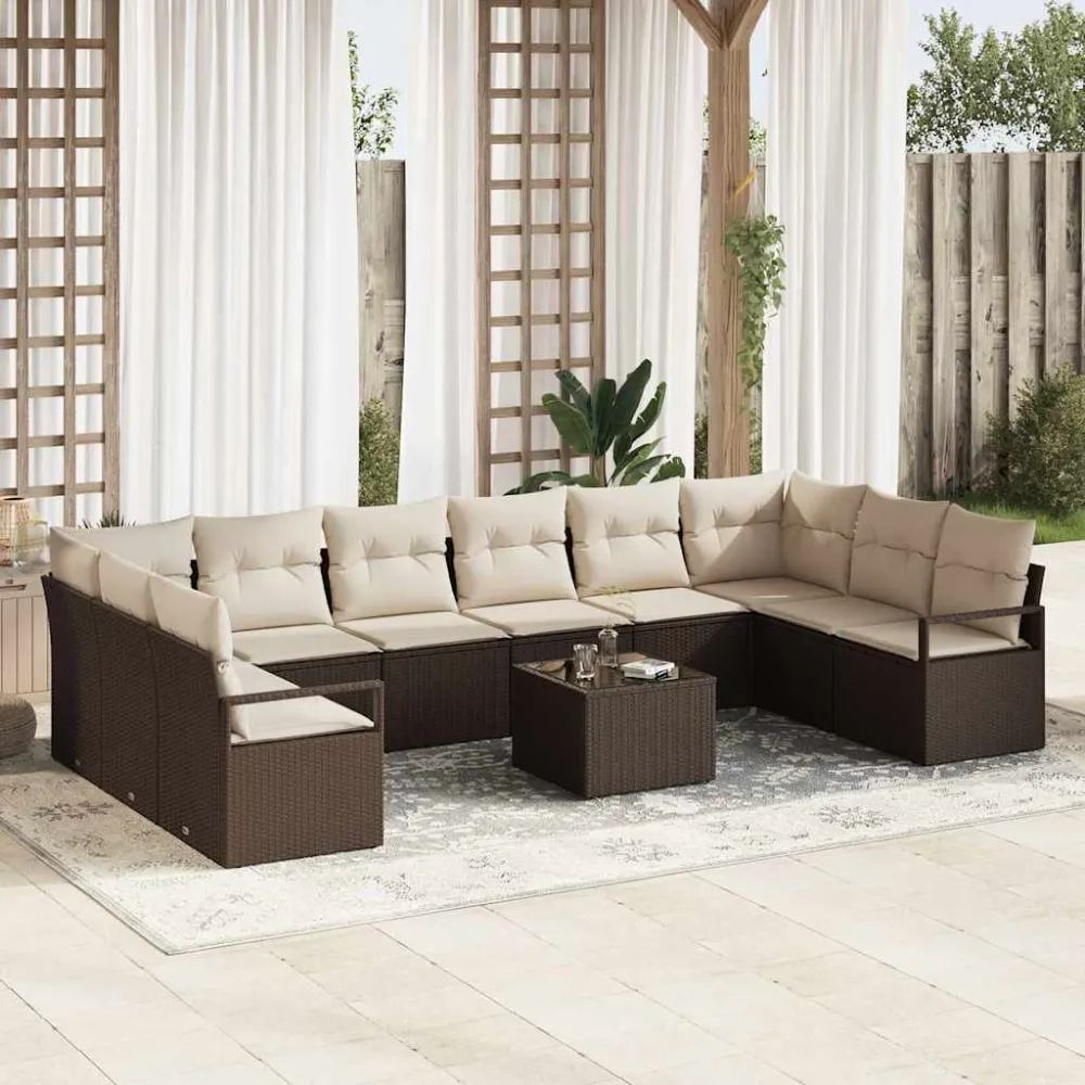 Tuinbankenset met kussen 11 pcs Bruin en Crème poly rattan vidaXL