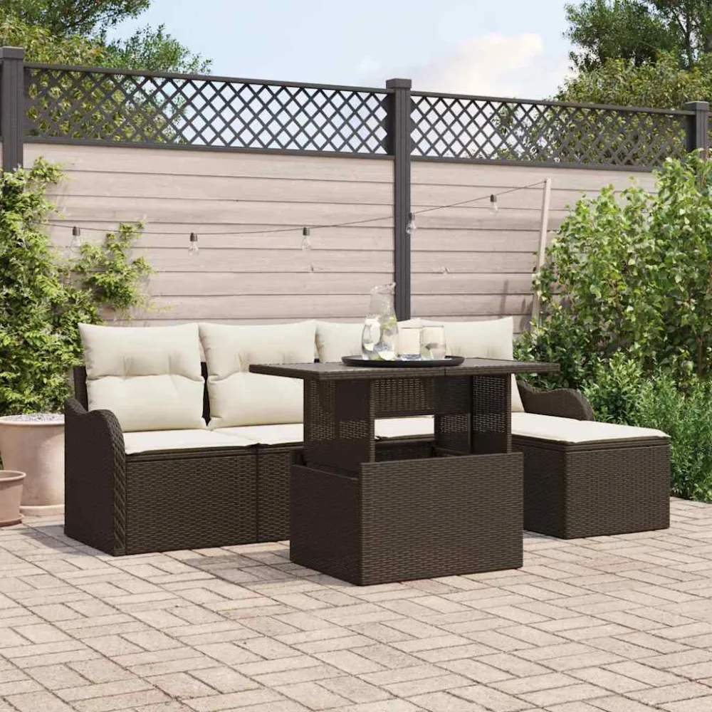 Tuinbankenset met kussen 6 pcs Bruin Polyrattan vidaXL