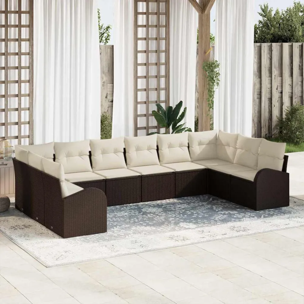 Tuinbankenset met kussen 10 pcs Bruin en wit poly rattan vidaXL