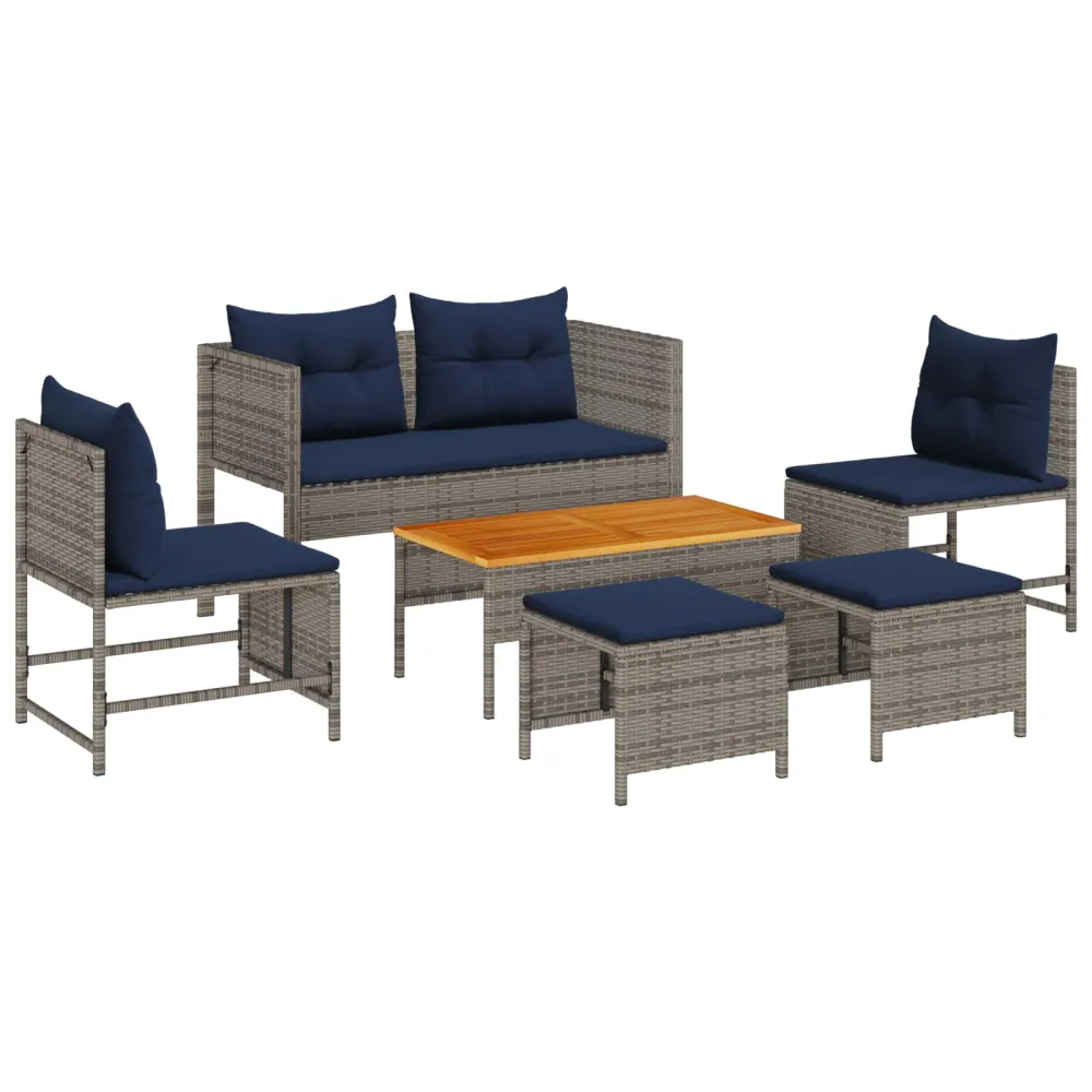 Tuinbankenset met kussen 6 pcs Grijs en Marineblauw poly rattan vidaXL