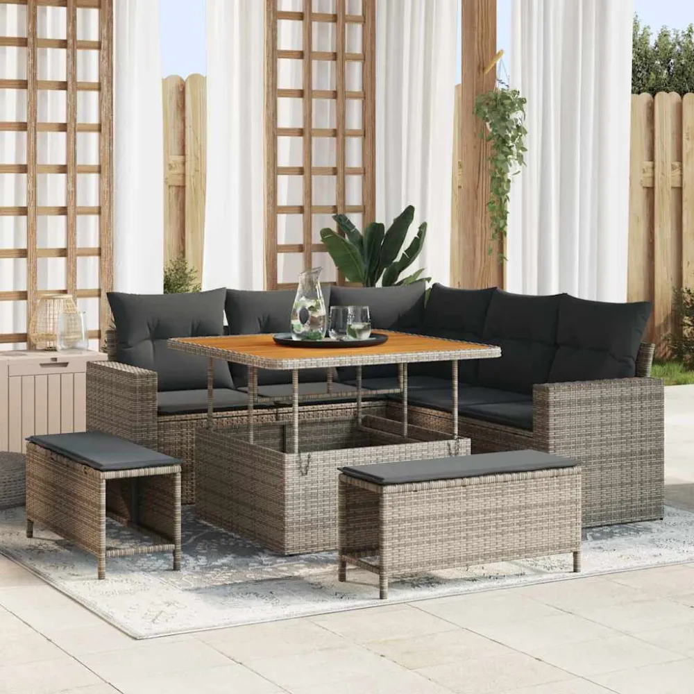 Tuinbankenset met kussen 9 pcs Grijs poly rattan vidaXL