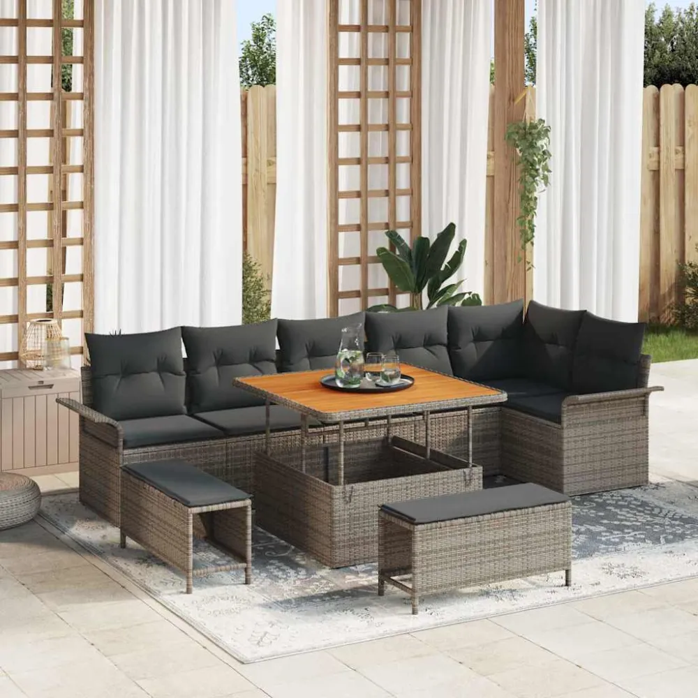 Tuinbankenset met kussen 9 pcs Grijs poly rattan vidaXL