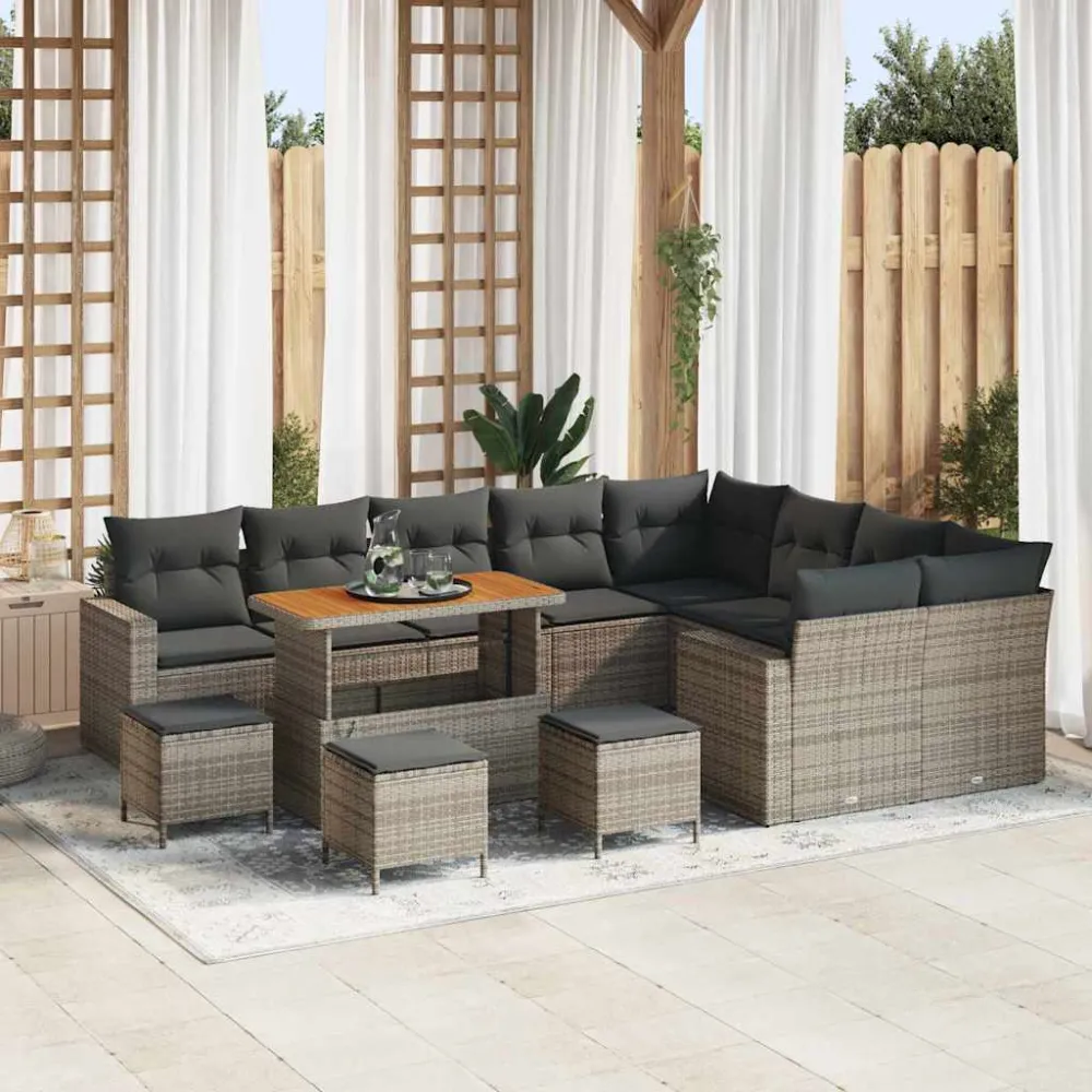 Tuinbankenset met kussen 14 pcs Grijs poly rattan vidaXL