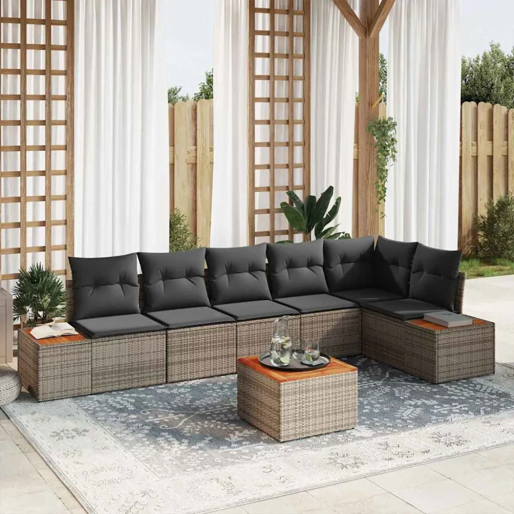 Tuinbankenset met kussen 7 pcs Grijs Poly riet vidaXL
