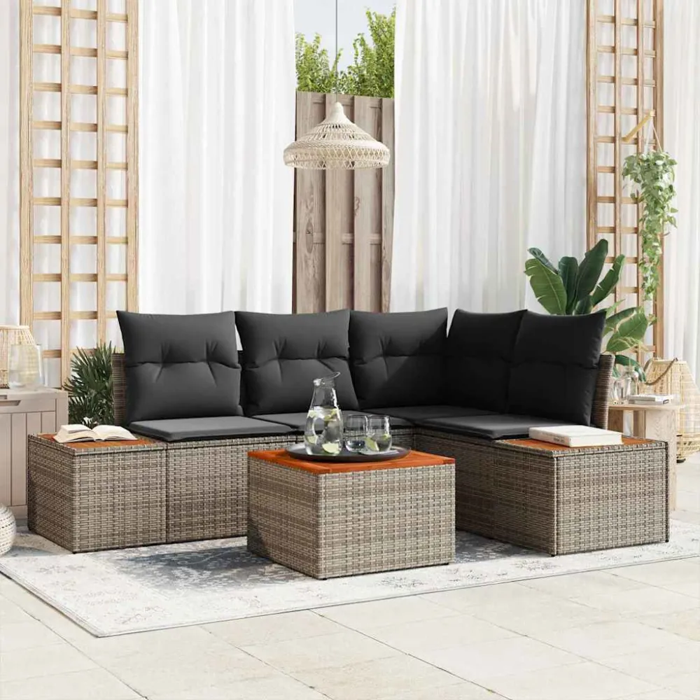 Tuinbankenset met kussen 5 pcs Grijs Poly riet vidaXL