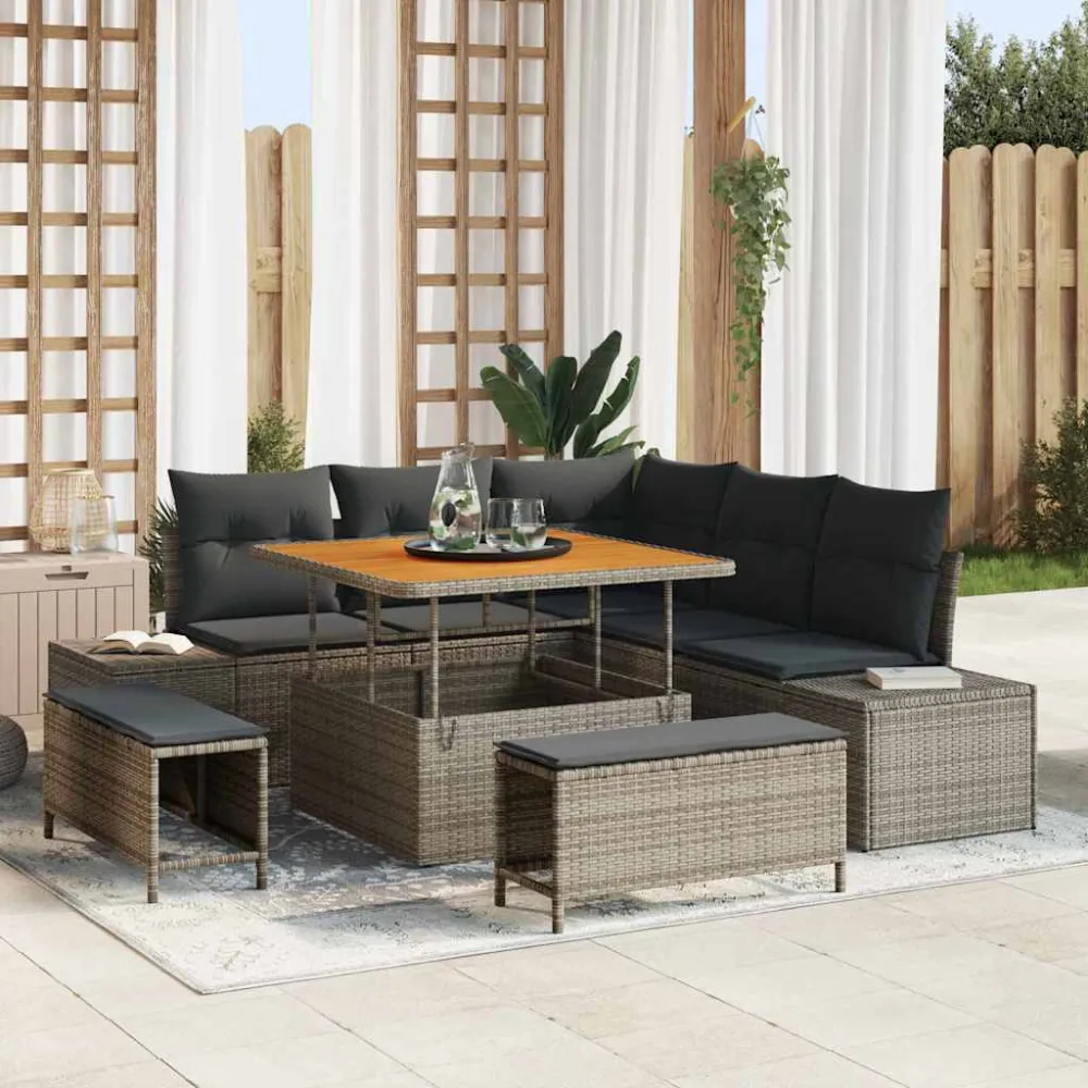 Tuinbankenset met kussen 8 pcs Grijs poly rattan vidaXL