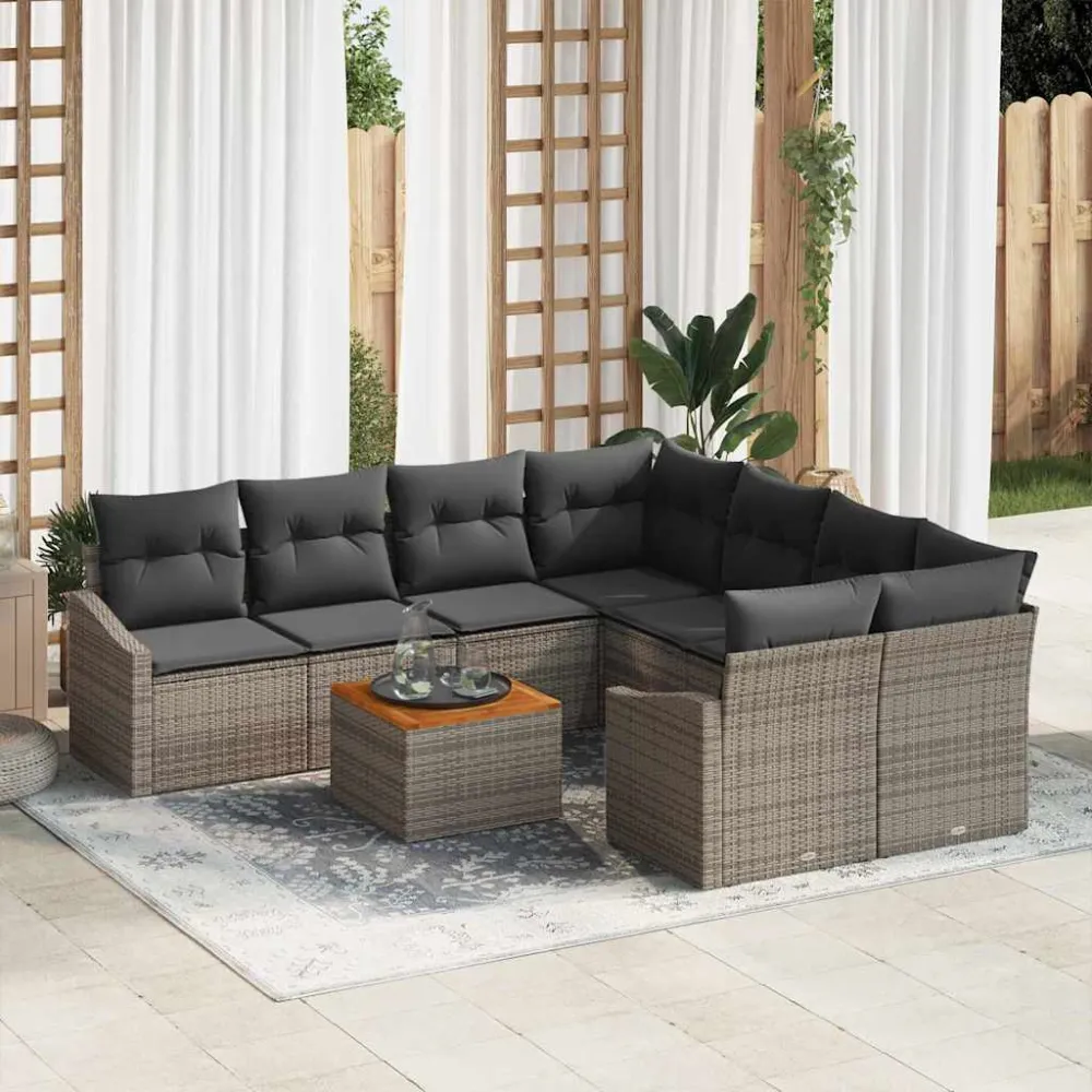 Tuinbankenset met kussen 9 pcs Grijs poly rattan vidaXL
