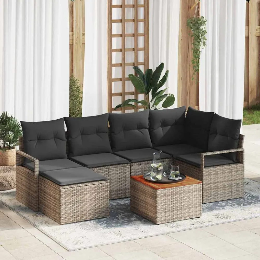Tuinbankenset met kussen 7 pcs Grijs poly rattan vidaXL