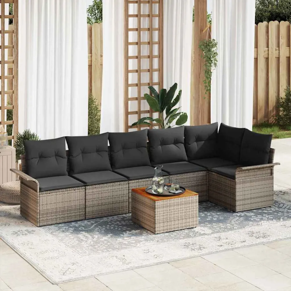 Tuinbankenset met kussen 7 pcs Grijs poly rattan vidaXL