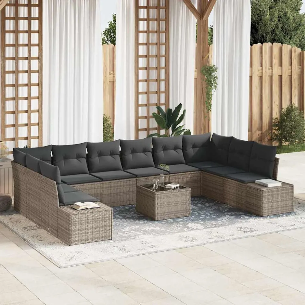 Tuinbankenset met kussen 10 pcs Grijs Polyrattan vidaXL