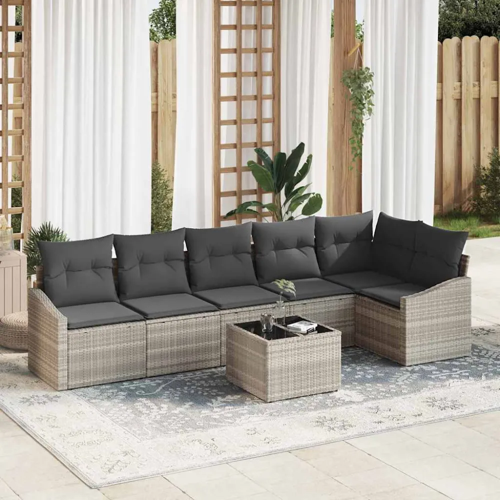 Tuinbankenset met kussen 7 pcs Lichtgrijs poly rattan vidaXL
