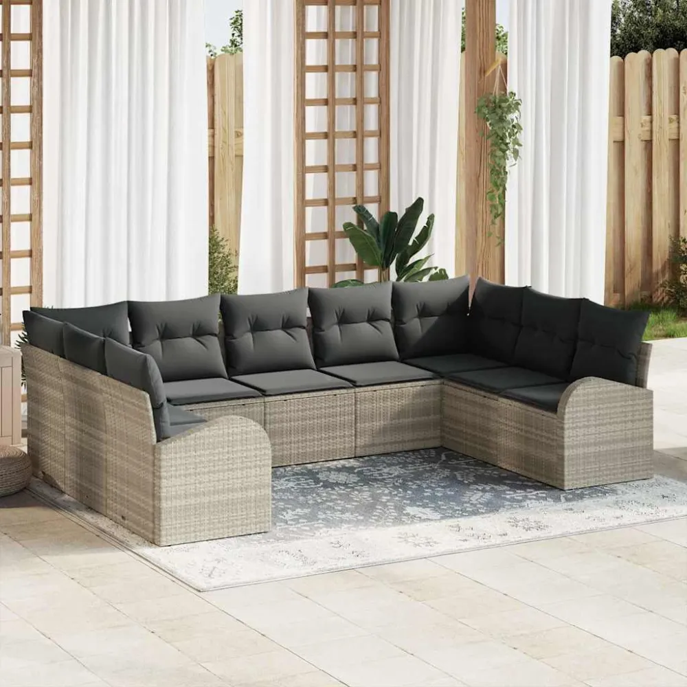 Tuinbankenset met kussen 9 pcs Lichtgrijs poly rattan vidaXL