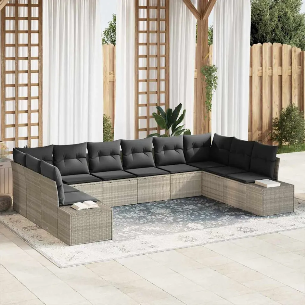 Tuinbankenset met kussen 10 pcs Lichtgrijs Polyrattan vidaXL