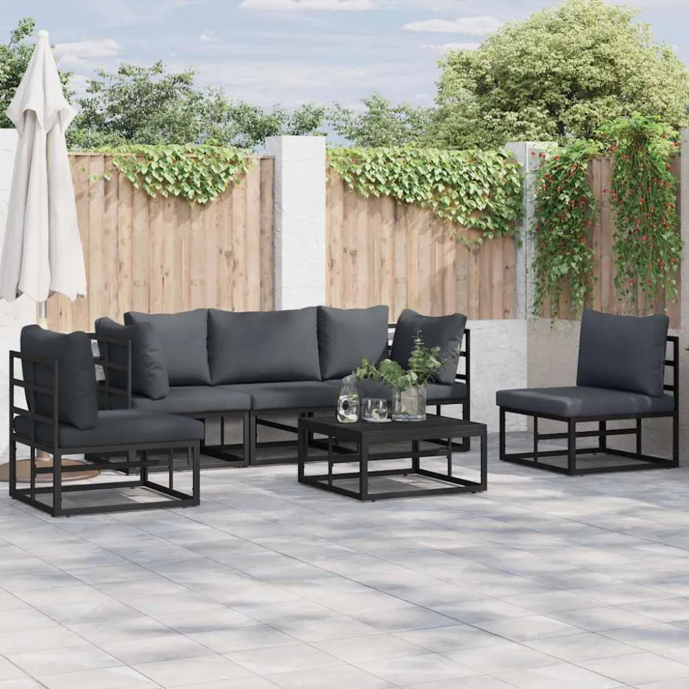 Tuinbankenset met kussen 6 pcs Zwart Aluminium vidaXL