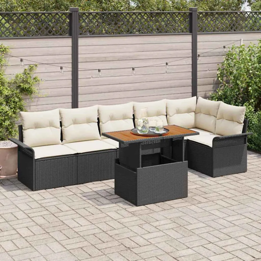 Tuinbankenset met kussen 7 pcs Zwart en Crème poly rattan vidaXL