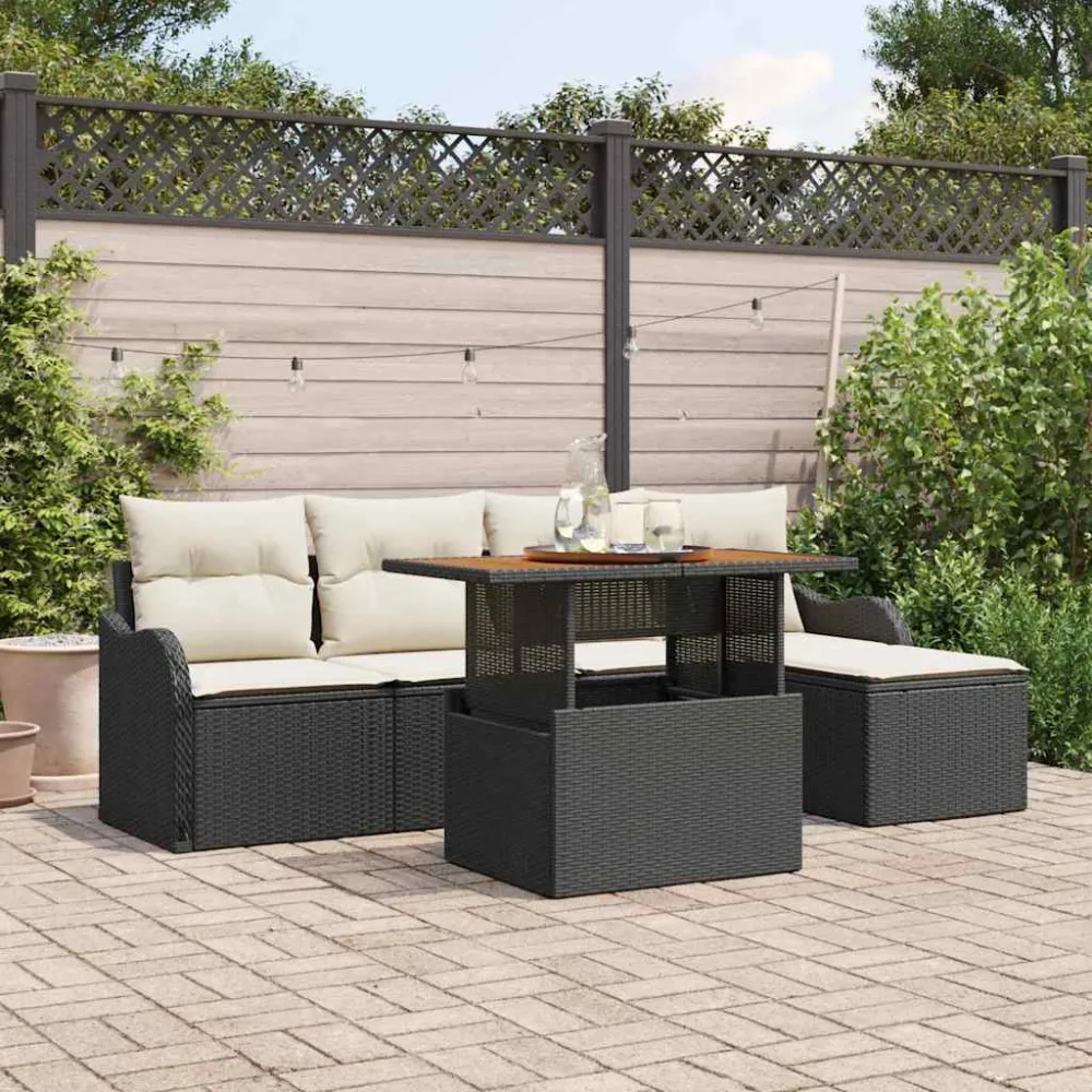 Tuinbankenset met kussen 6 pcs Zwart en Crème poly rattan vidaXL