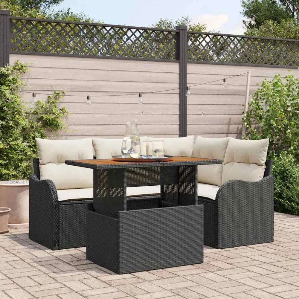 Tuinbankenset met kussen 5 pcs Zwart en Crème poly rattan vidaXL