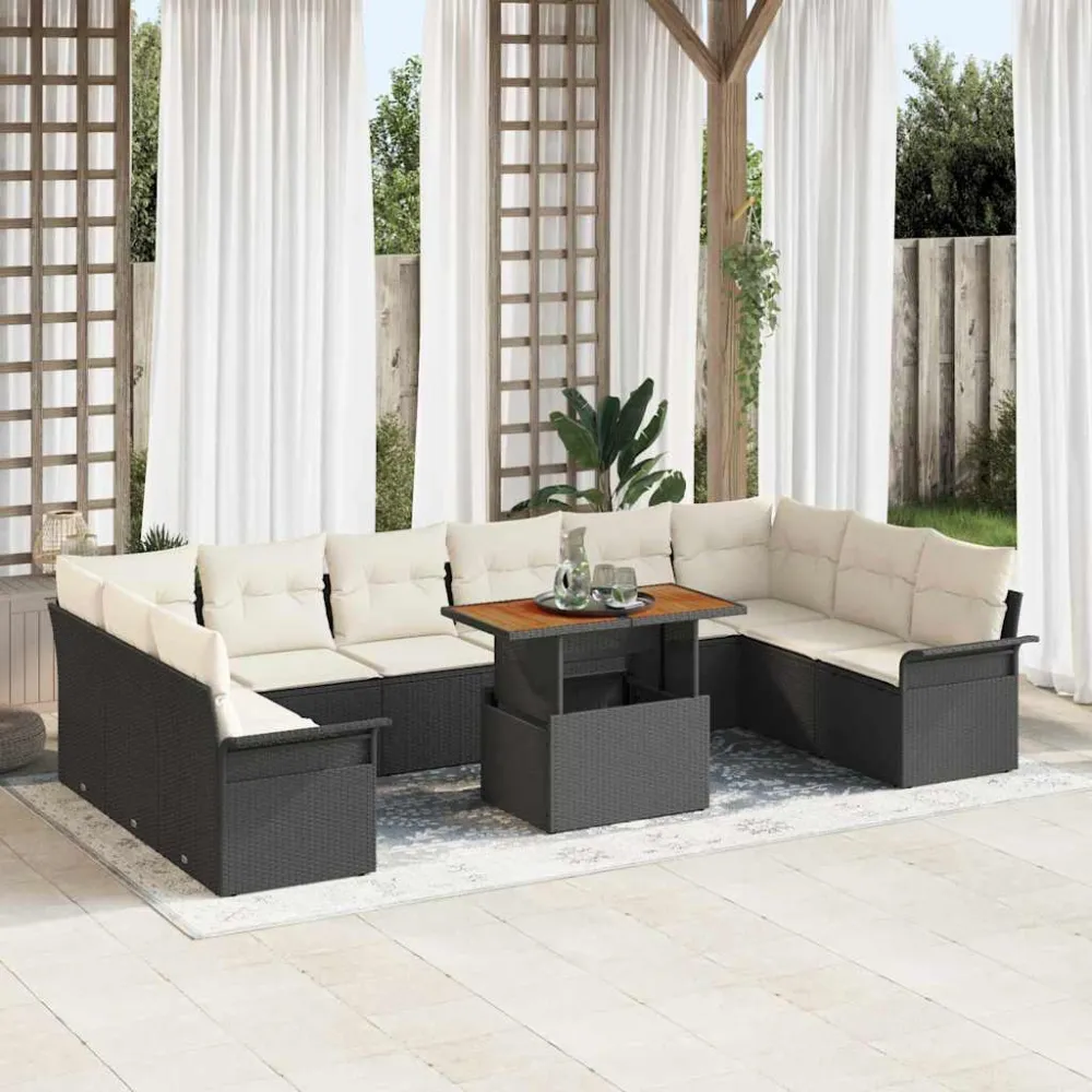 Tuinbankenset met kussen 11 pcs Zwart en Crème poly rattan vidaXL