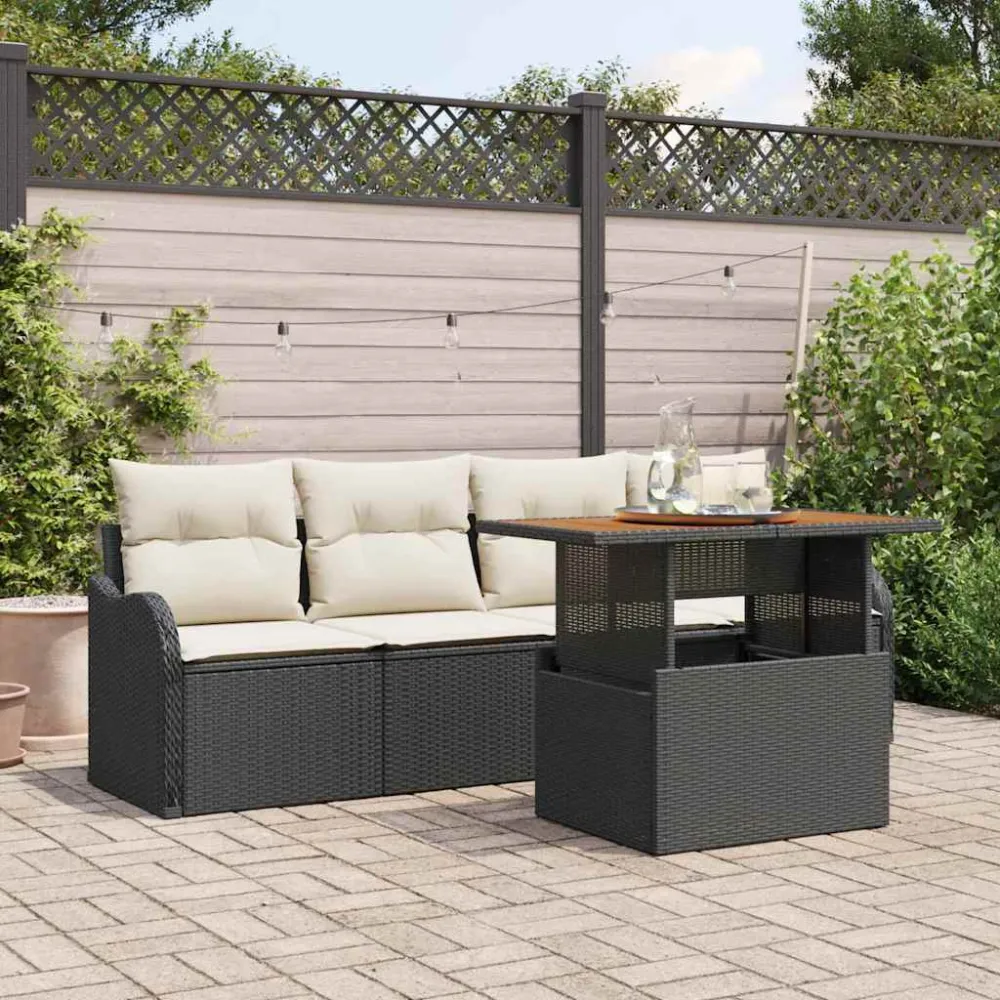 Tuinbankenset met kussen 5 pcs Zwart en Crème poly rattan vidaXL