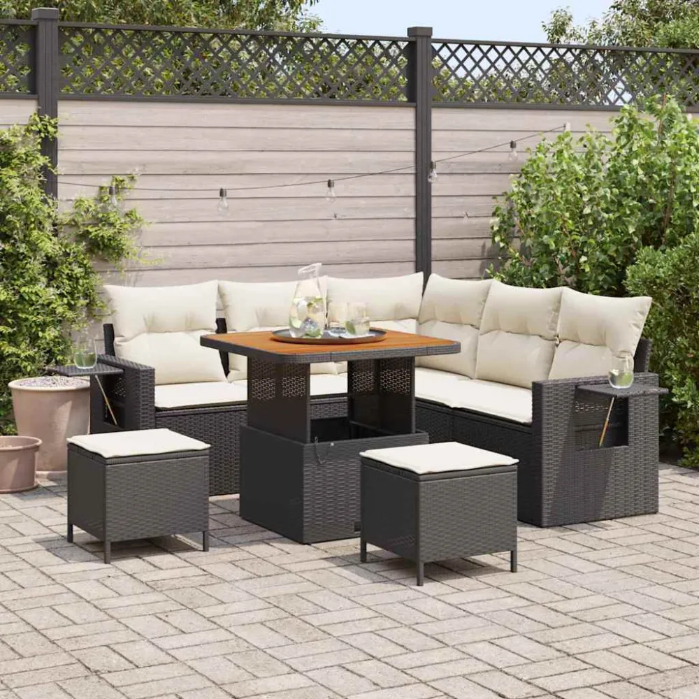 Tuinbankenset met kussen 9 pcs Zwart en Crème poly rattan vidaXL