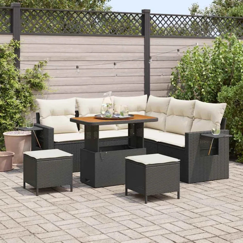 Tuinbankenset met kussen 9 pcs Zwart en Crème poly rattan vidaXL