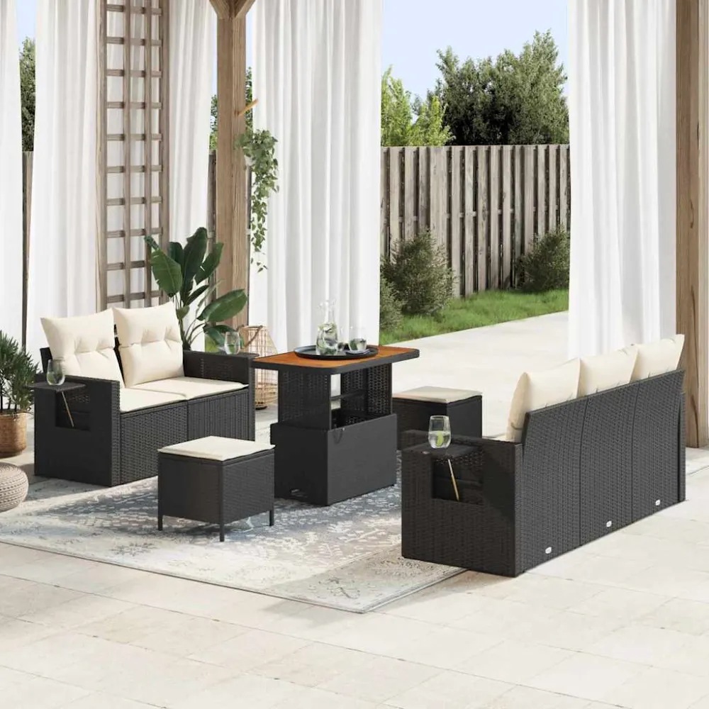 Tuinbankenset met kussen 10 pcs Zwart en Crème poly rattan vidaXL