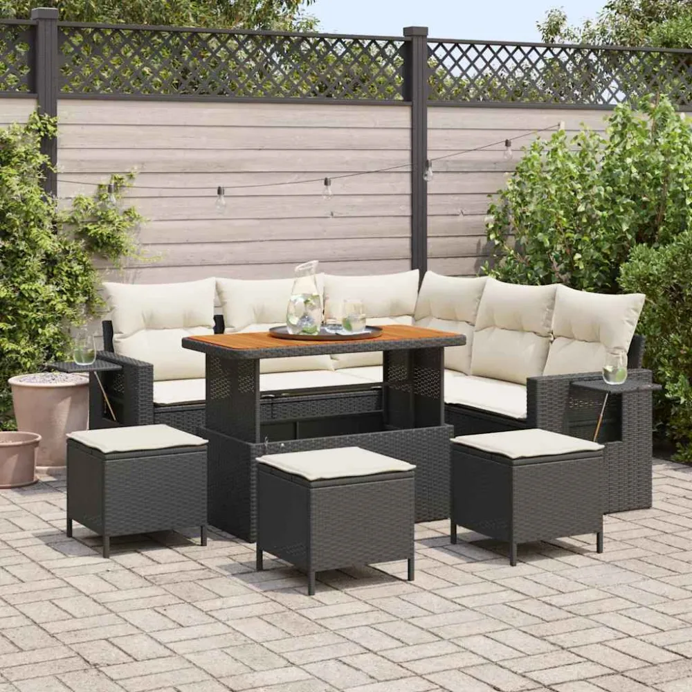 Tuinbankenset met kussen 10 pcs Zwart en Crème poly rattan vidaXL