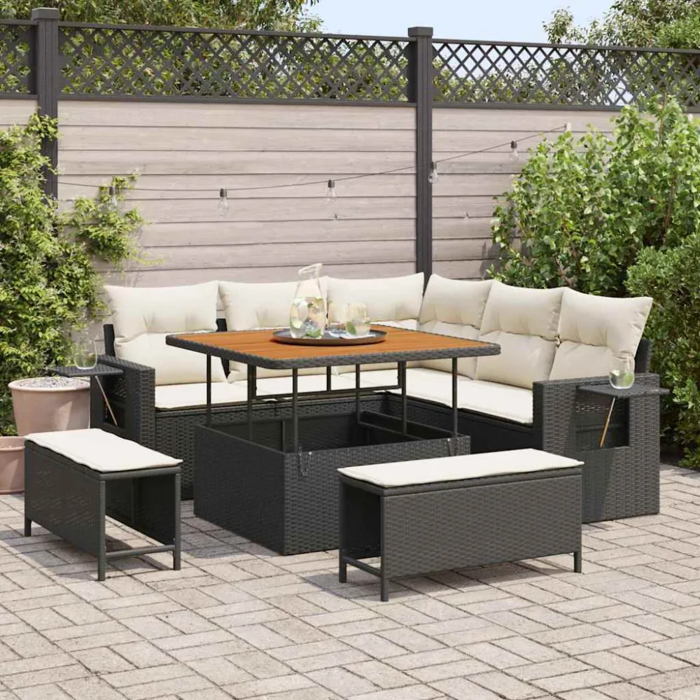 Tuinbankenset met kussen 9 pcs Zwart en Crème poly rattan vidaXL