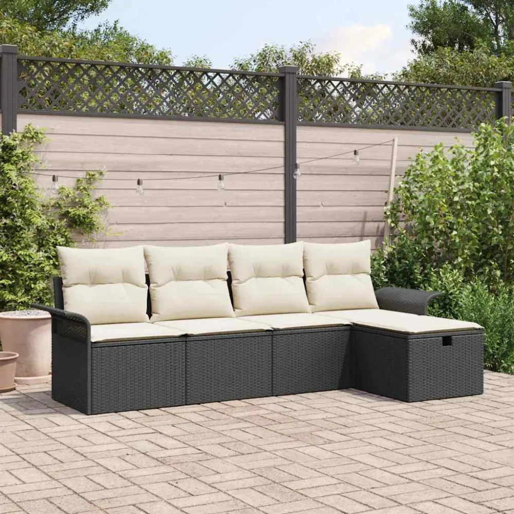 Tuinbankenset met kussen 5 pcs Zwart en Crème poly rattan vidaXL