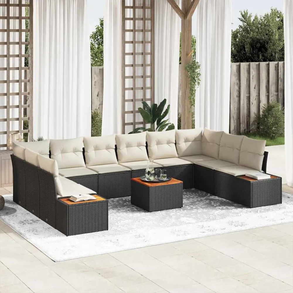 Tuinbankenset met kussen 10 pcs Zwart en Crème Polyrattan vidaXL