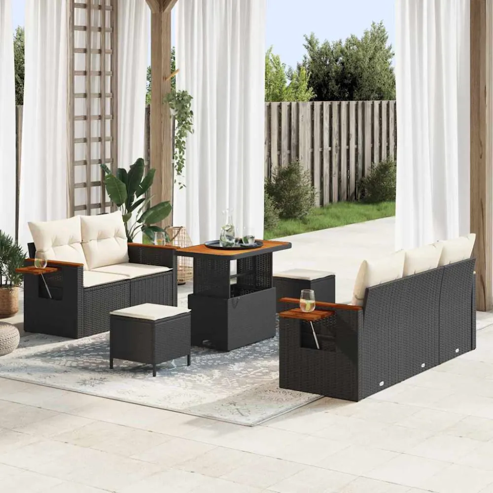 Tuinbankenset met kussen 8 pcs Zwart en Crème vidaXL
