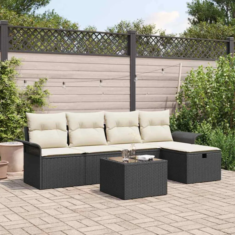 Tuinbankenset met kussen 6 pcs Zwart en Crème poly rattan vidaXL