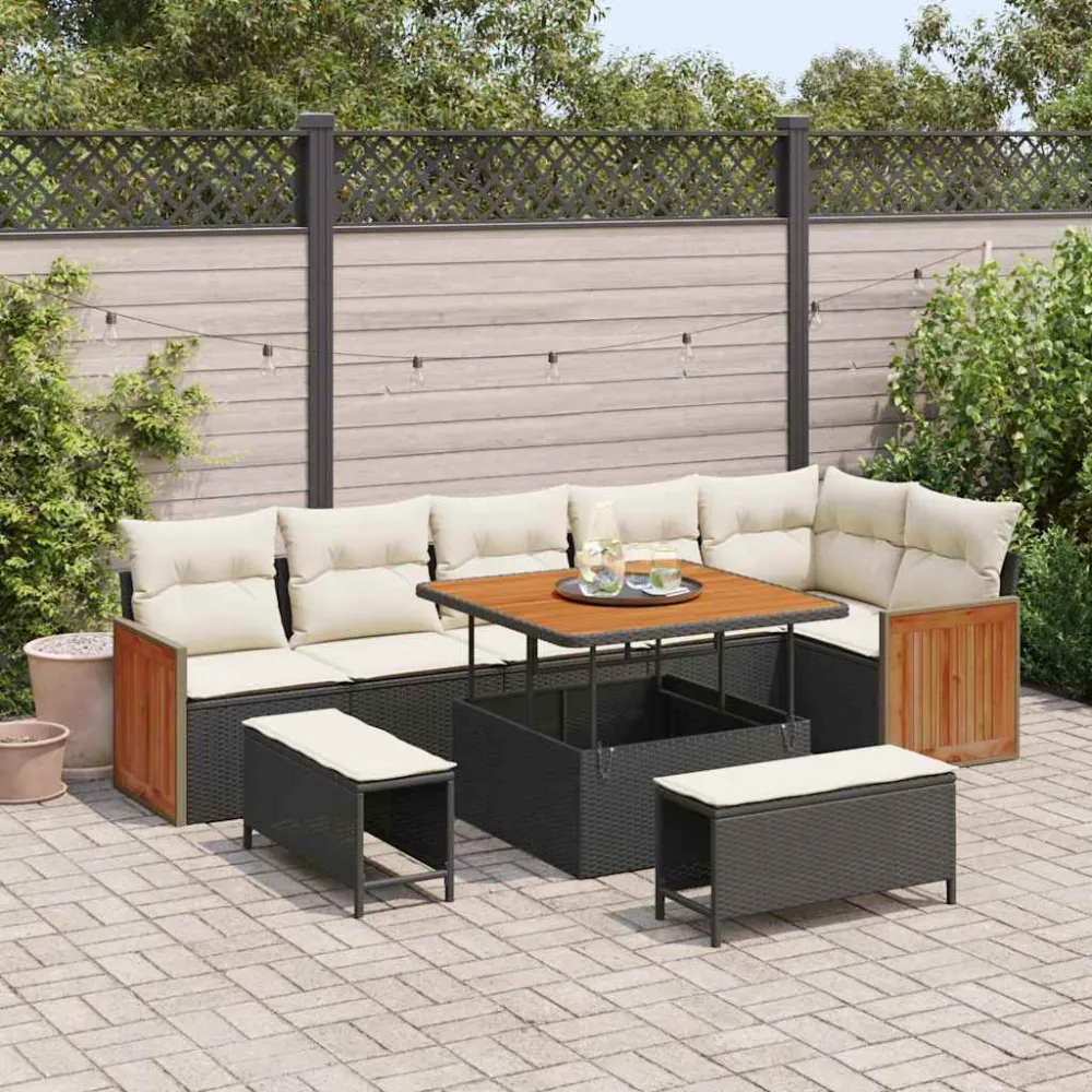 Tuinbankenset met kussen 9 pcs Zwart en Crème vidaXL