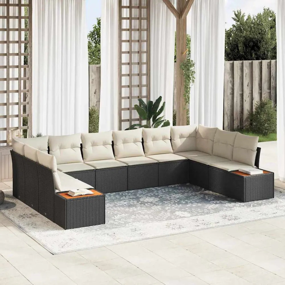 Tuinbankenset met kussen 10 pcs Zwart en Crème Polyrattan vidaXL