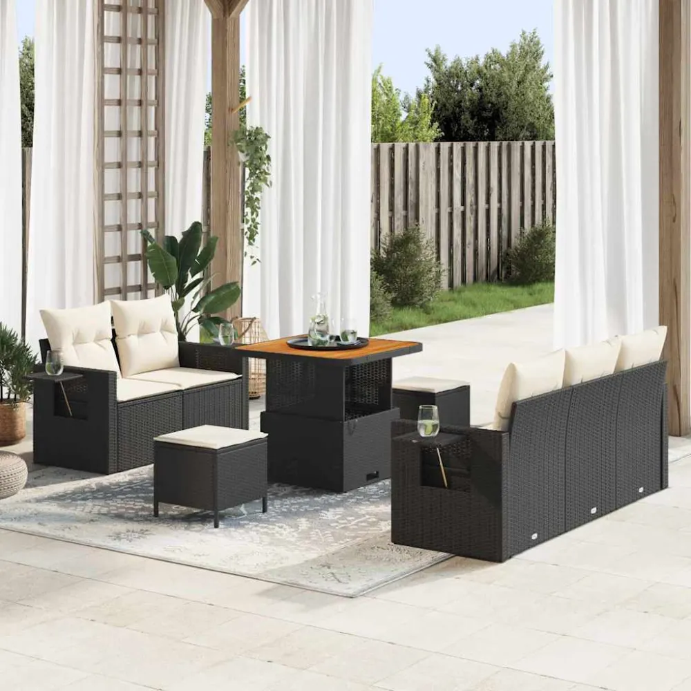 Tuinbankenset met kussen 10 pcs Zwart en Crème poly rattan vidaXL