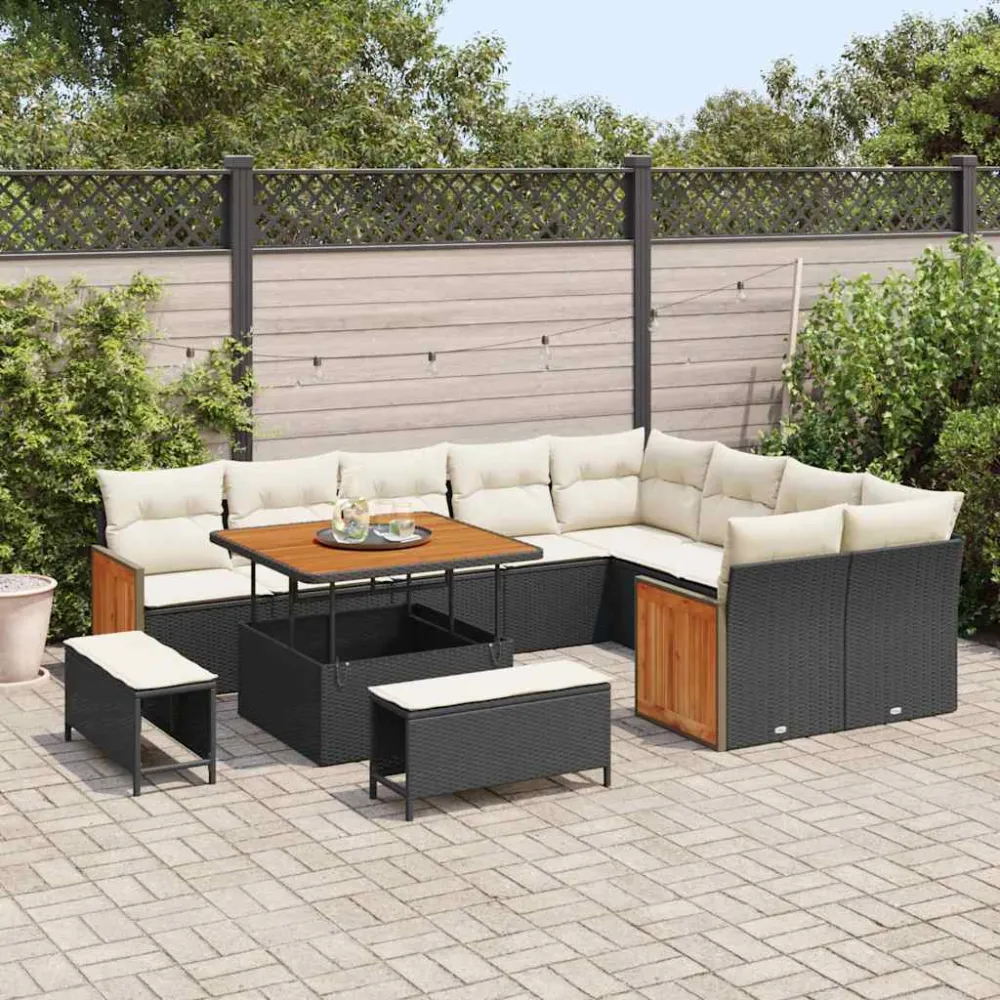 Tuinbankenset met kussen 12 pcs Zwart en Crème vidaXL