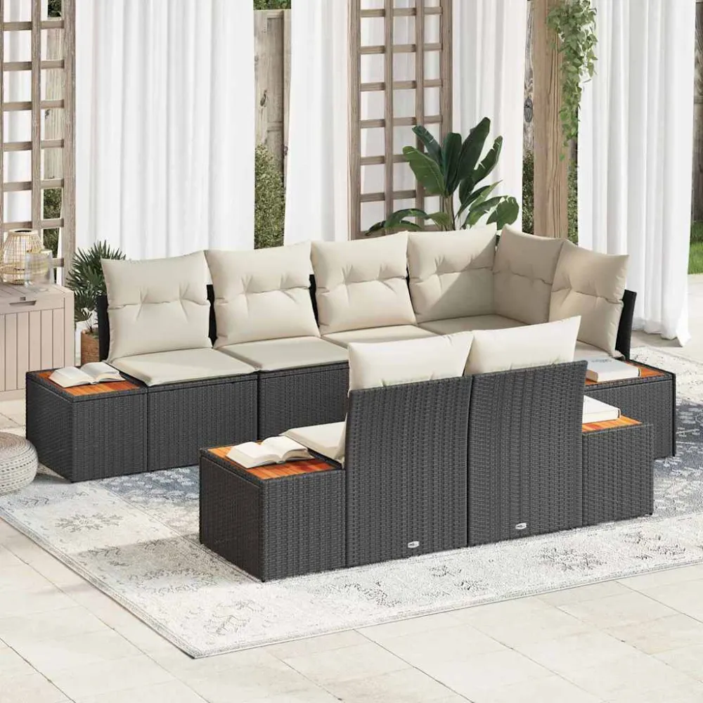 Tuinbankenset met kussen 7 pcs Zwart en Crème Polyrattan vidaXL
