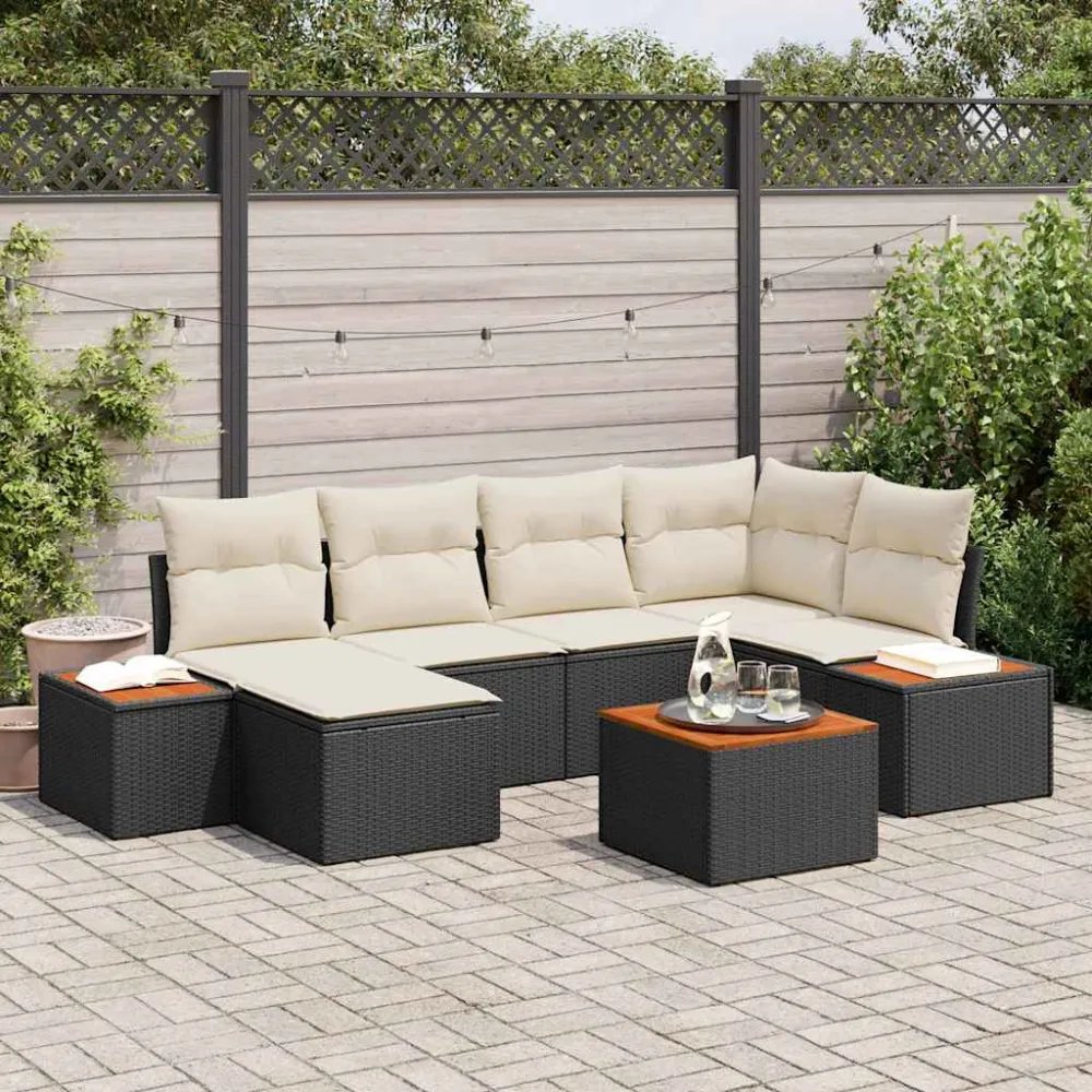 Tuinbankenset met kussen 7 pcs Zwart en Crème Polyrattan vidaXL