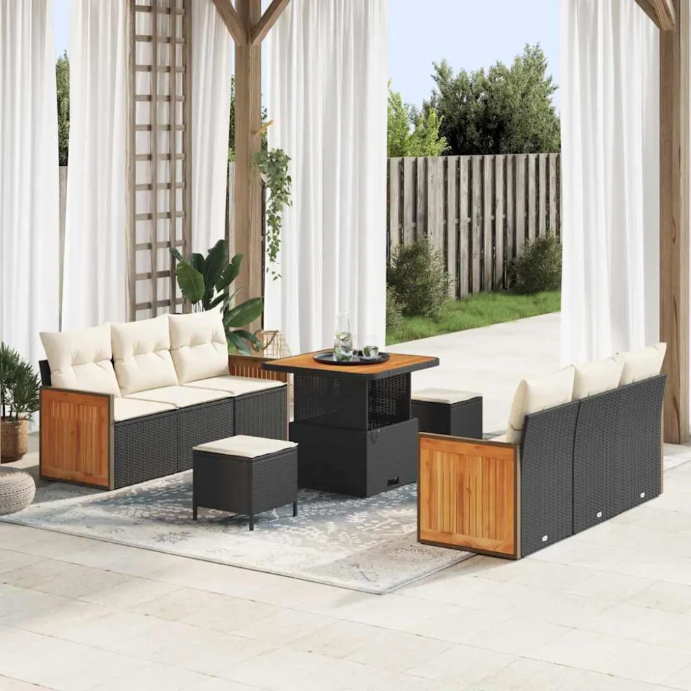 Tuinbankenset met kussen 9 pcs Zwart en Crème vidaXL