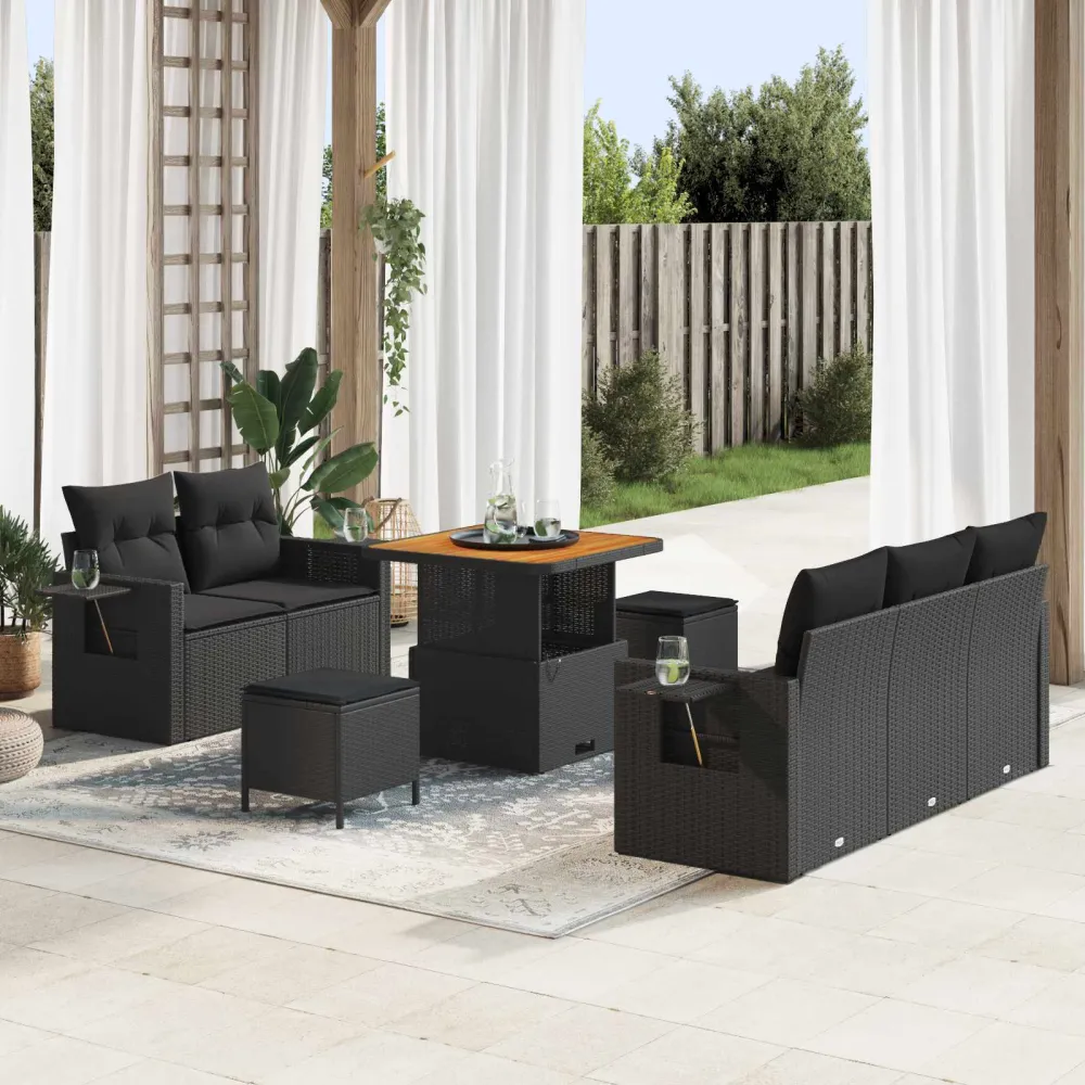 Tuinbankenset met kussen 10 pcs Zwart poly rattan vidaXL