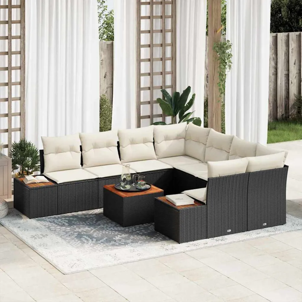 Tuinbankenset met kussen 9 pcs Zwart Poly riet vidaXL